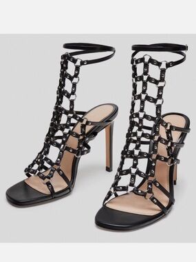 Zara Black Studded Cage Ankle-Strap Stiletto Sandals